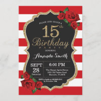 Red Rose 15th Birthday Invitation Gold Glitter
