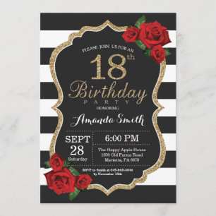 Red Rose 18th Birthday Invitation Gold Glitter