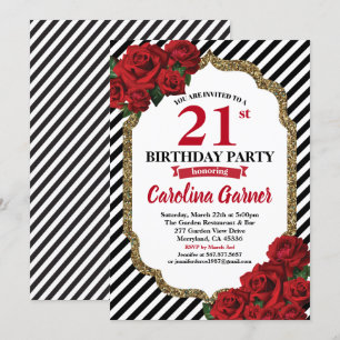 Red rose 21st birthday invitation for gold