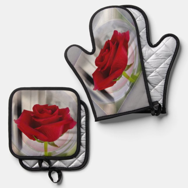 Red rose 2 oven mitt & pot holder set (Front/Back)