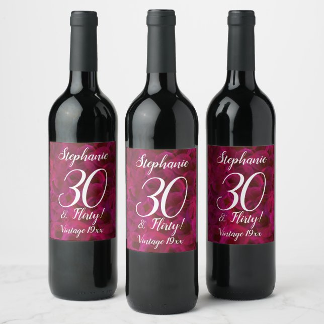 Red Rose 30 and Flirty Birthday Personalised Wine Label (Bottles)