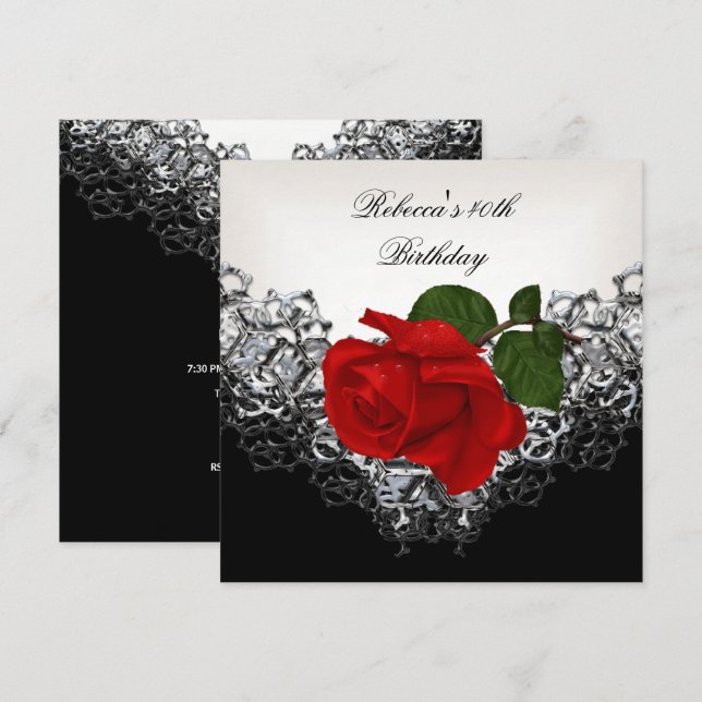 RED Rose 40th Birthday Lace Black White Silver Invitation (Front/Back)