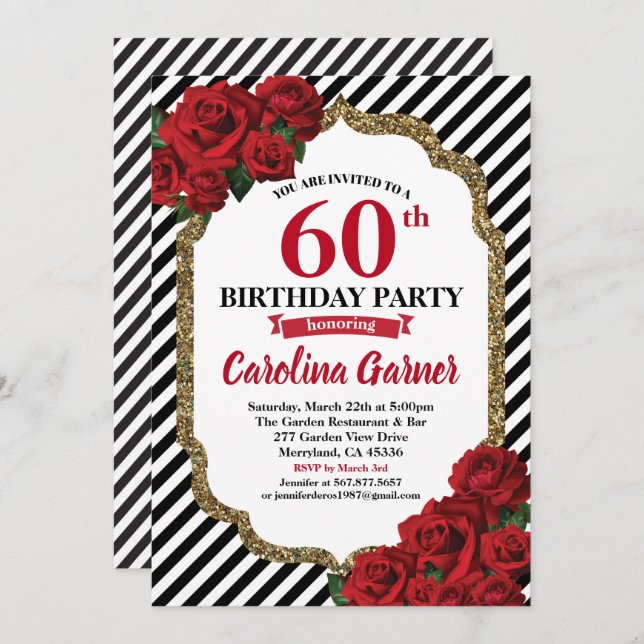 Red rose 60th birthday invitation for women (Front/Back)