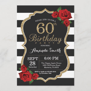 Red Rose 60th Birthday Invitation Gold Glitter