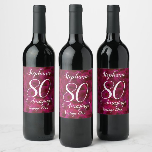 Red Rose 80 and Amazing Birthday Party Wine Label (Bottles)