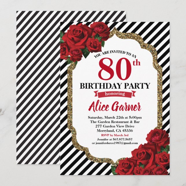 Red rose 80th birthday invitation for women (Front/Back)