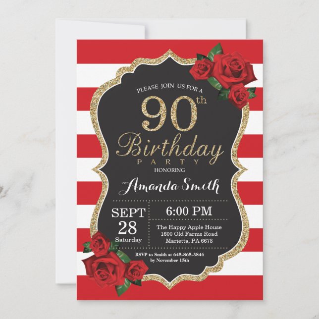 Red Rose 90th Birthday Invitation Gold Glitter (Front)