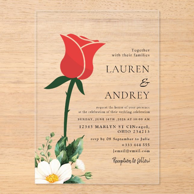 Red Rose Acrylic Wedding Invitation (Front)