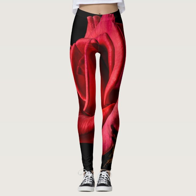 Red Rose Against Black Background Leggings (Front)