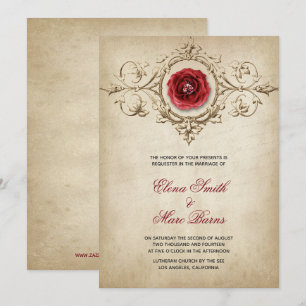 Red Rose And Beige Ornament Wedding Invitation