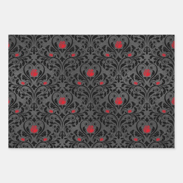 Red Rose and Black Damask Wrapping Paper Sheet (Front)