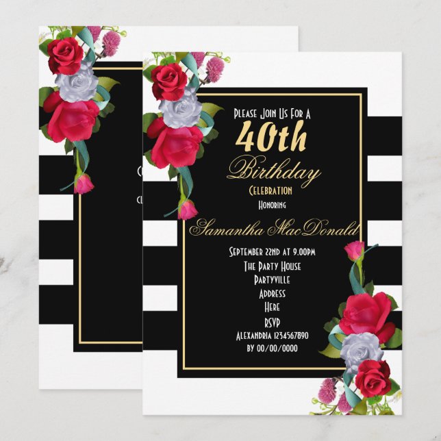 Red rose and black stripe 40th birthday invitation (Front/Back)