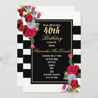 Red rose and black stripe 40th birthday invitation