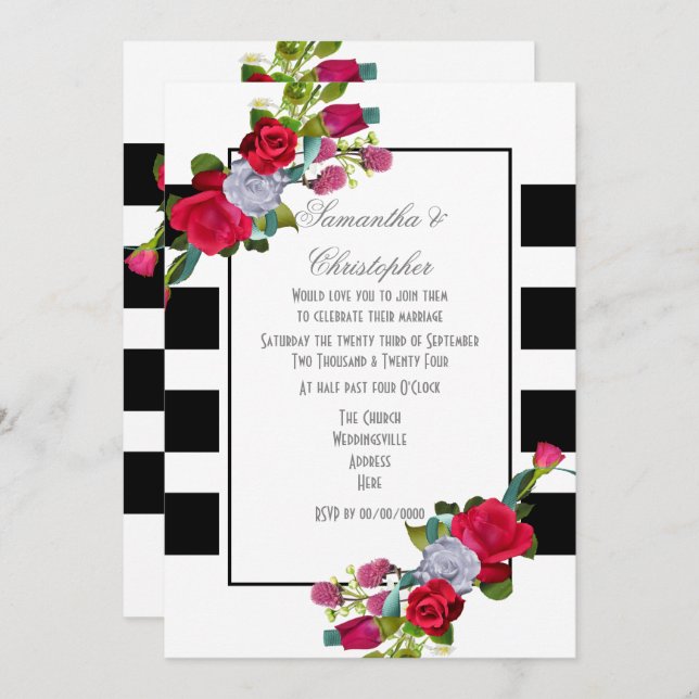 Red rose and black stripe wedding invitation (Front/Back)