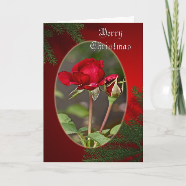 Red Rose and Bud Merry Christmas Greeting Card (Front)