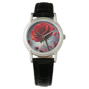 Red Rose And Buds, Ladies Leather Watch