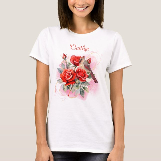 Red Rose and Cardinal Personalised T-Shirt (Front)
