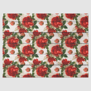 Red Rose and Christmas Ornaments on Wood Decoupage Tissue Paper