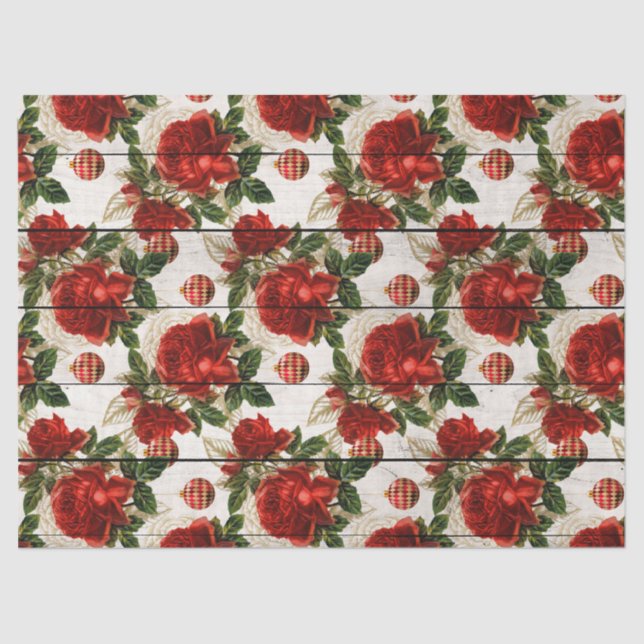 Red Rose and Christmas Ornaments on Wood Decoupage Tissue Paper (Front)