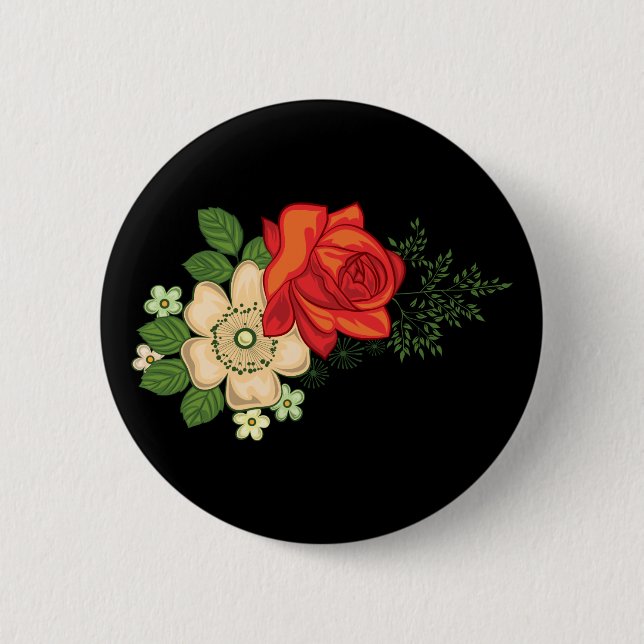 Red Rose and Daisies Black Background 6 Cm Round Badge (Front)