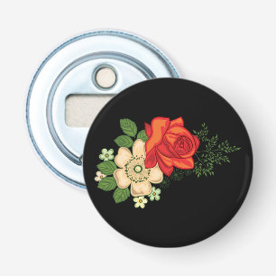 Red Rose and Daisies Black Background Bottle Opener