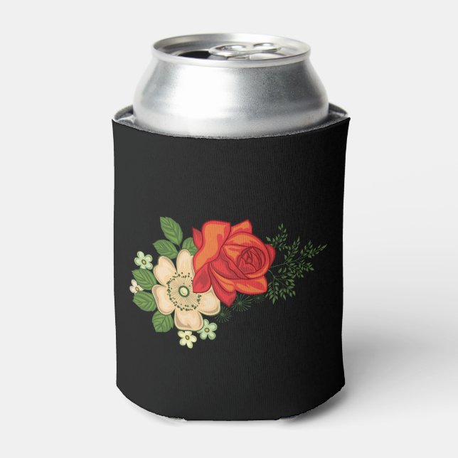 Red Rose and Daisies Black Background Can Cooler (Can Front)