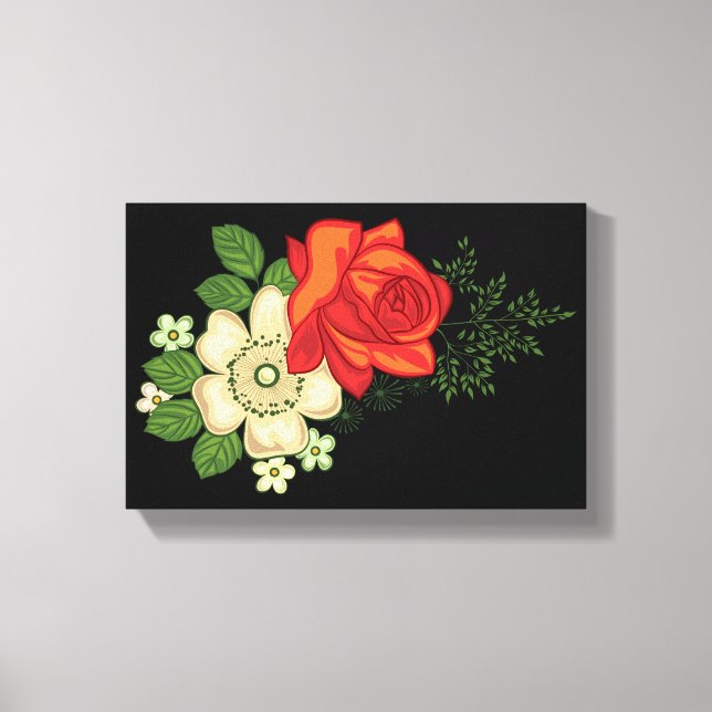 Red Rose and Daisies Black Background Canvas Print (Front)
