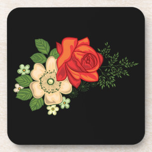 Red Rose and Daisies Black Background Coaster