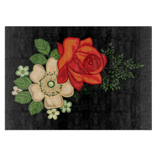 Red Rose and Daisies Black Background Cutting Board