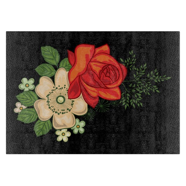 Red Rose and Daisies Black Background Cutting Board (Front)