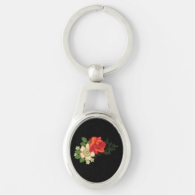 Red Rose and Daisies Black Background Key Ring (Front)