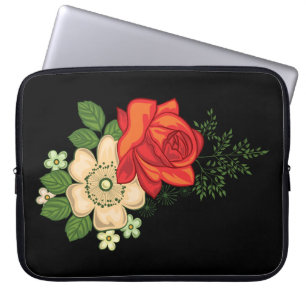 Red Rose and Daisies Black Background Laptop Sleeve