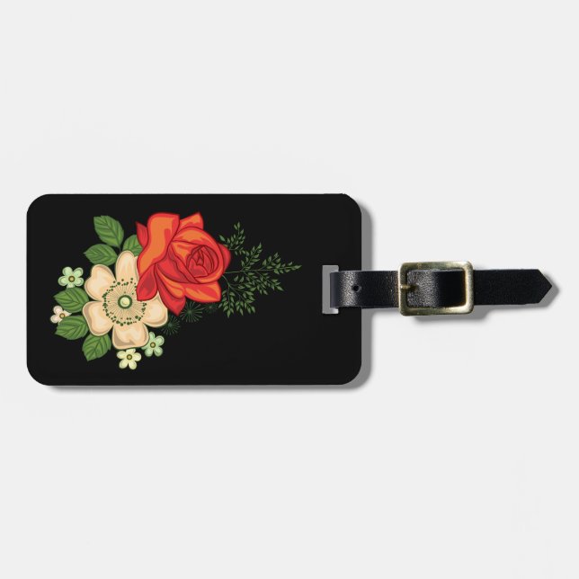Red Rose and Daisies Black Background Luggage Tag (Front Horizontal)