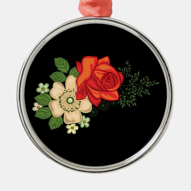 Red Rose and Daisies Black Background Metal Tree Decoration (Front)