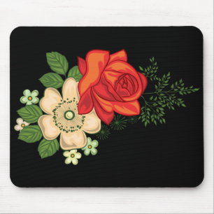 Red Rose and Daisies Black Background Mouse Mat