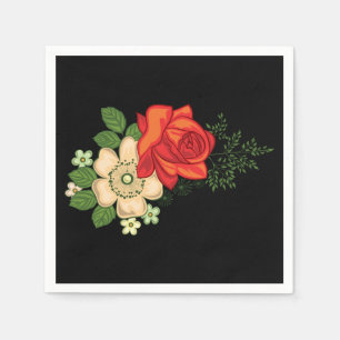 Red Rose and Daisies Black Background Napkin
