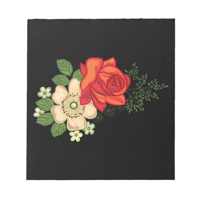 Red Rose and Daisies Black Background Notepad (Front)