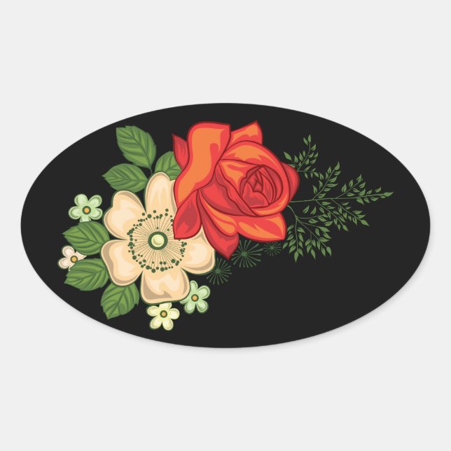 Red Rose and Daisies Black Background Oval Sticker (Front)