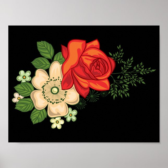 Red Rose and Daisies Black Background Poster (Front)