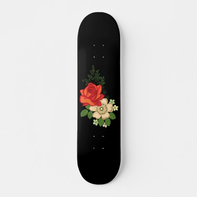 Red Rose and Daisies Black Background Skateboard (Front)