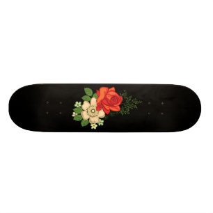Red Rose and Daisies Black Background Skateboard