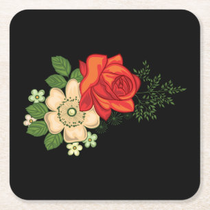 Red Rose and Daisies Black Background Square Paper Coaster