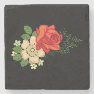 Red Rose and Daisies Black Background Stone Coaster