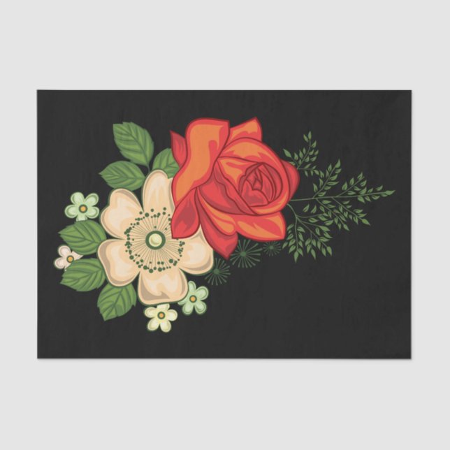 Red Rose and Daisies Black Background Tissue Paper (Front)