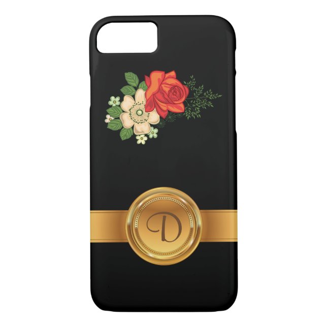 Red Rose and Daisies Gold Monogram Name Case-Mate iPhone Case (Back)