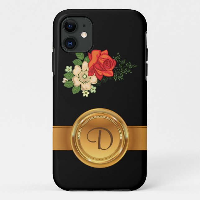 Red Rose and Daisies Gold Monogram Name Case-Mate iPhone Case (Back)