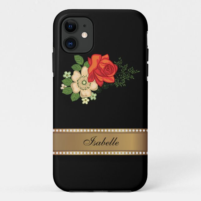 Red Rose and Daisies Gold Personalised Name Case-Mate iPhone Case (Back)