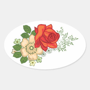 Red Rose and Daisies Oval Sticker