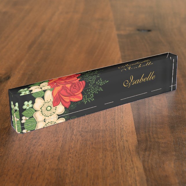 Red Rose and Daisies Personalised Name Black Nameplate (Side)