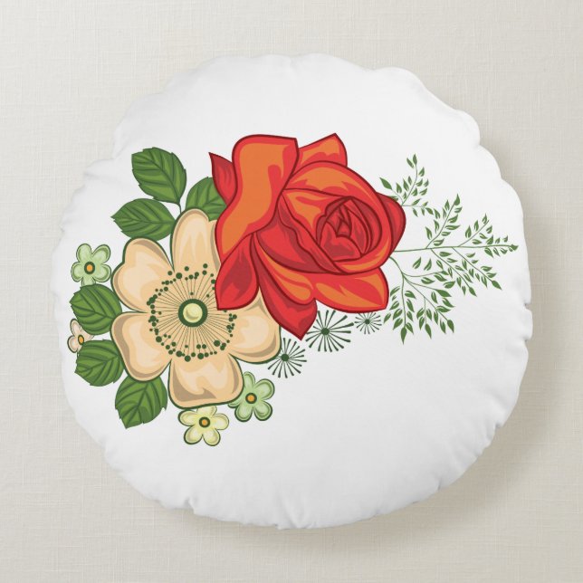 Red Rose and Daisies Round Cushion (Front)